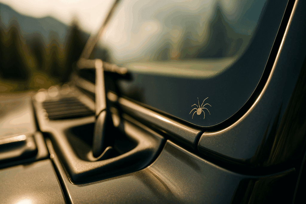 Close-up of a hidden spider Easter egg etched on the lower corner of a Jeep windshield, illuminated by warm sunlight with a blurred forest background.